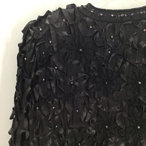 Tan Chho Vintage Beaded Sequined Silk Jacket Ribboned Detail Party Blk Size 2X - Picture 5 of 6